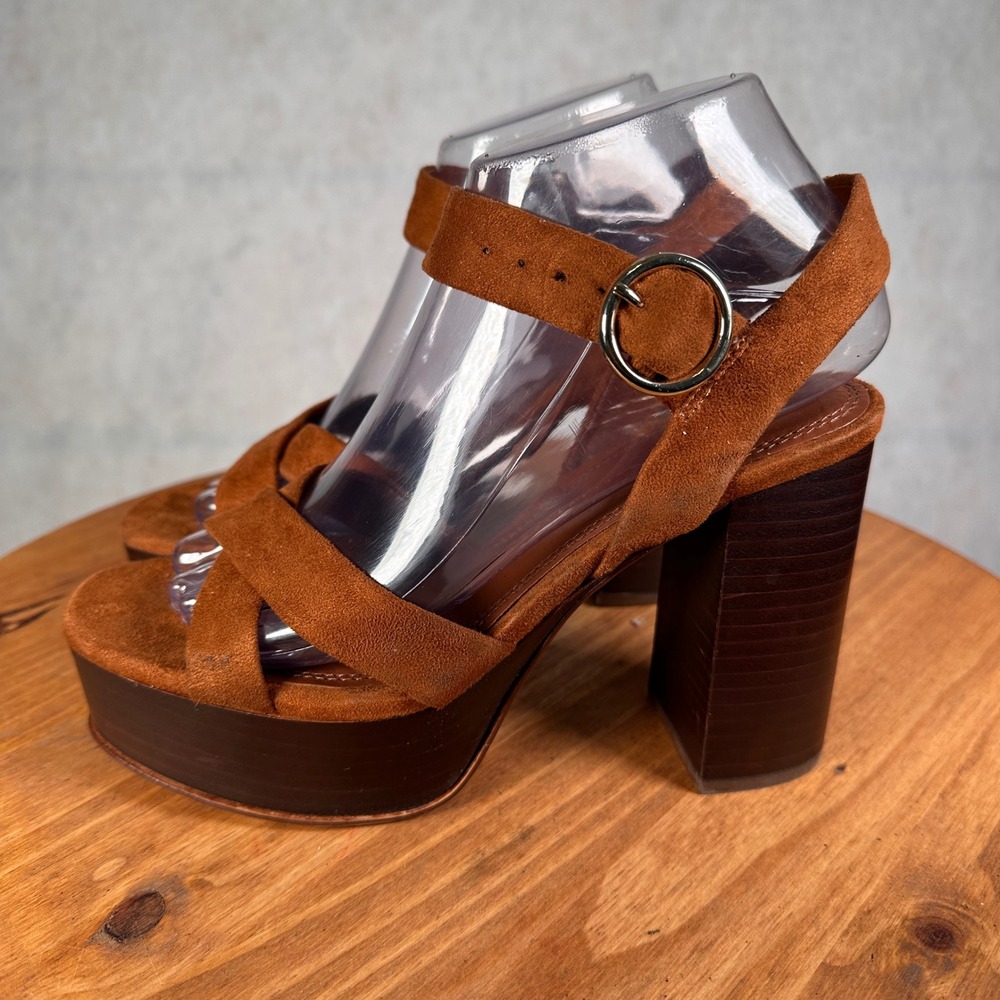 Zara Platform Sandals Women 37 Brown Excellent Faux Suede Block Heel Strappy - Picture 9 of 15